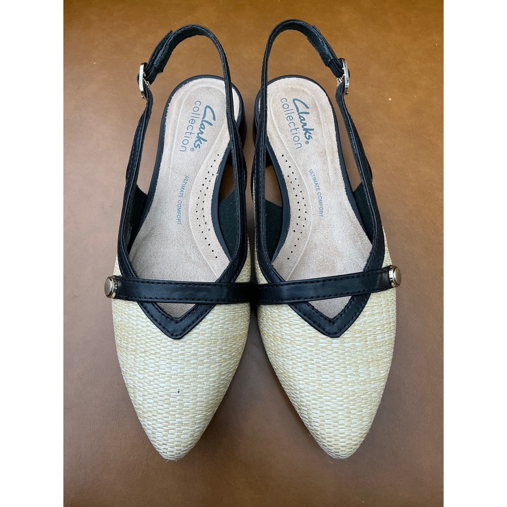 Clarks Natalyn Sling Shoes Womens 6.5 Natural Black Raffia Pumps